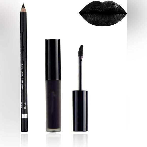 🤯5/$20🤯 Matte Black Liquid Lip Gloss And Lipliner 2 Pcs Set Waterproof - Picture 1 of 9